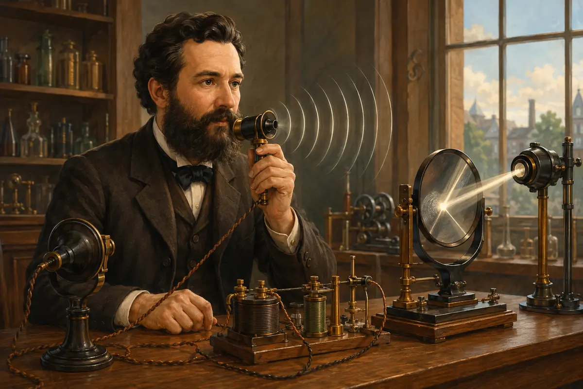 Ilustrasi original Alexander Graham Bell dan telepon awal