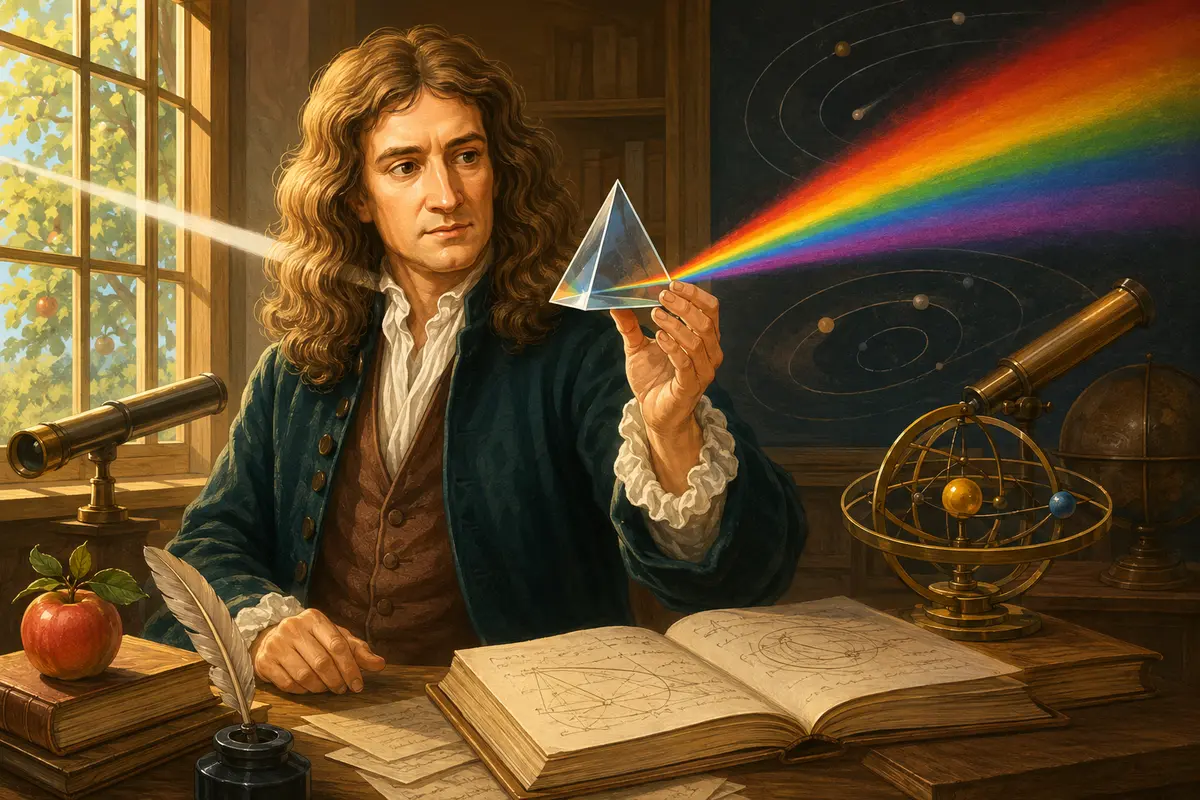 Ilustrasi Isaac Newton dan eksperimen prisma