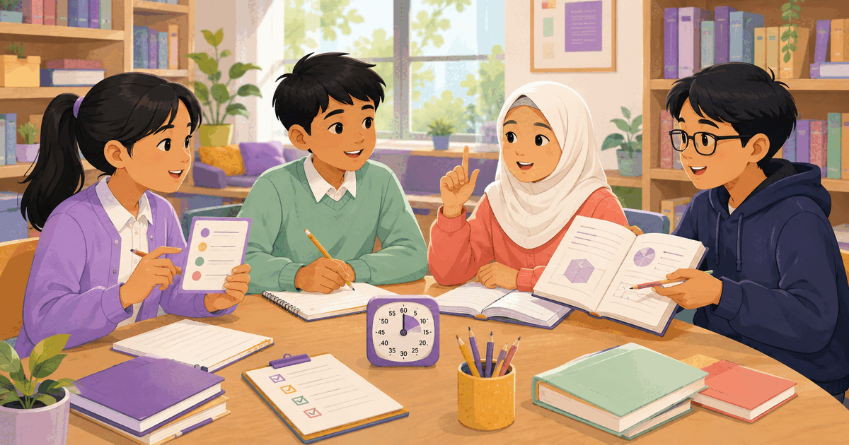 Ilustrasi kelompok belajar berdiskusi dan membagi tugas