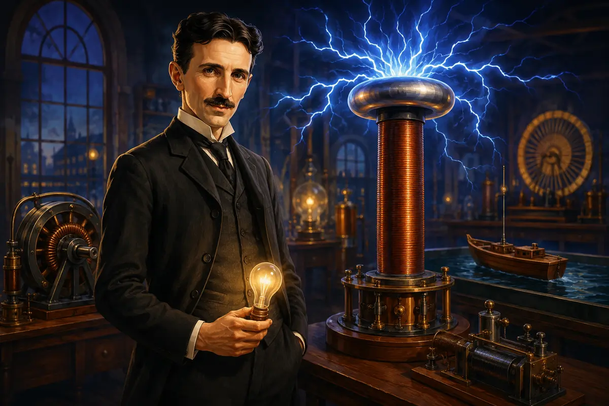Ilustrasi original Nikola Tesla dan sistem listrik AC