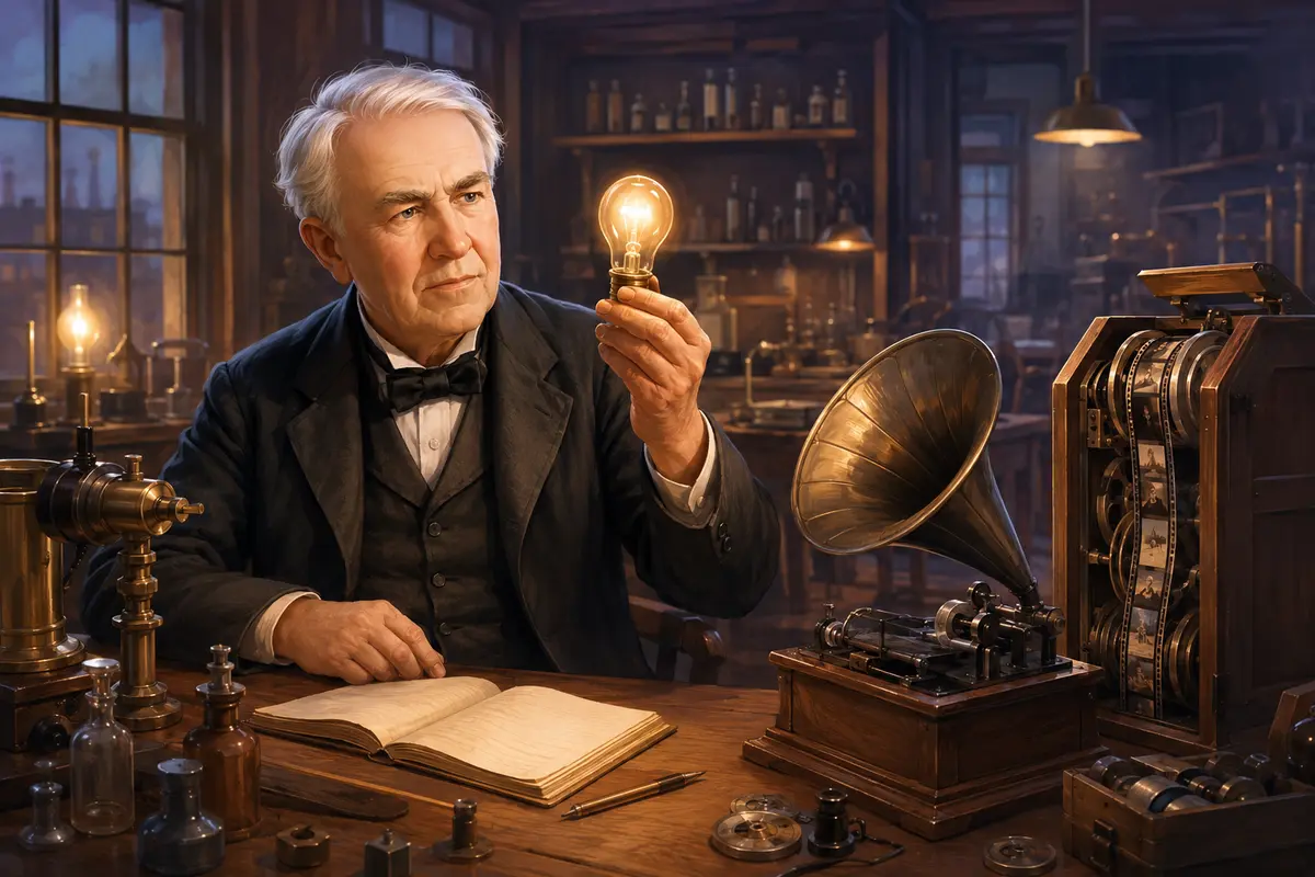 Ilustrasi original Thomas Alva Edison dan lampu praktis